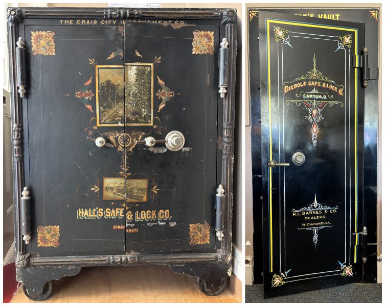 black safe with lock and decorative embellishments around the edges and the center by the lock