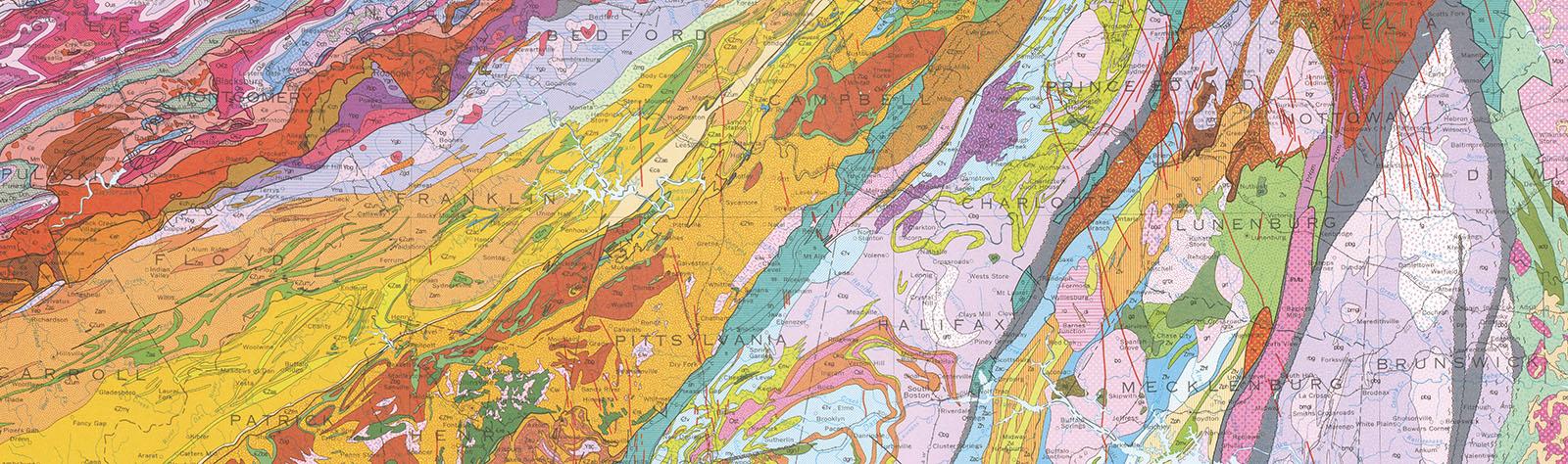 A cropped sample image from a colorful geological map of Virginia.
