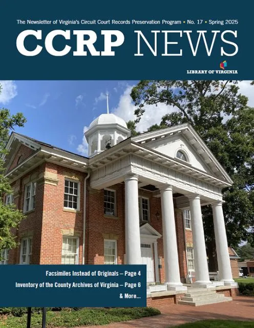 cover of CCRP newsletter no. 17 Spring 2025. Contains blue banner heading with white text over image of brick court house building